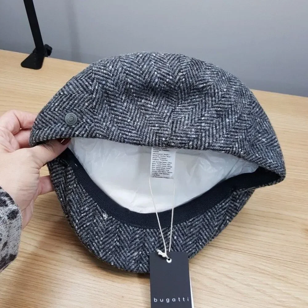 BUGATTI Baker Cap Mens Large Herringbone Light Grey Wool Blend Newsboy Flat Cap
